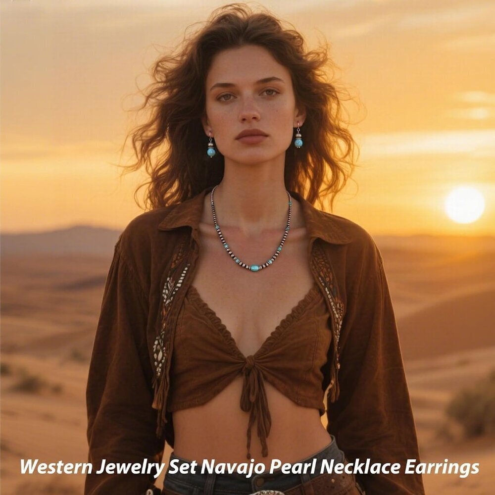 Turquoise Pearl Necklace & Earring Set Western Boho - Picture 4 of 8